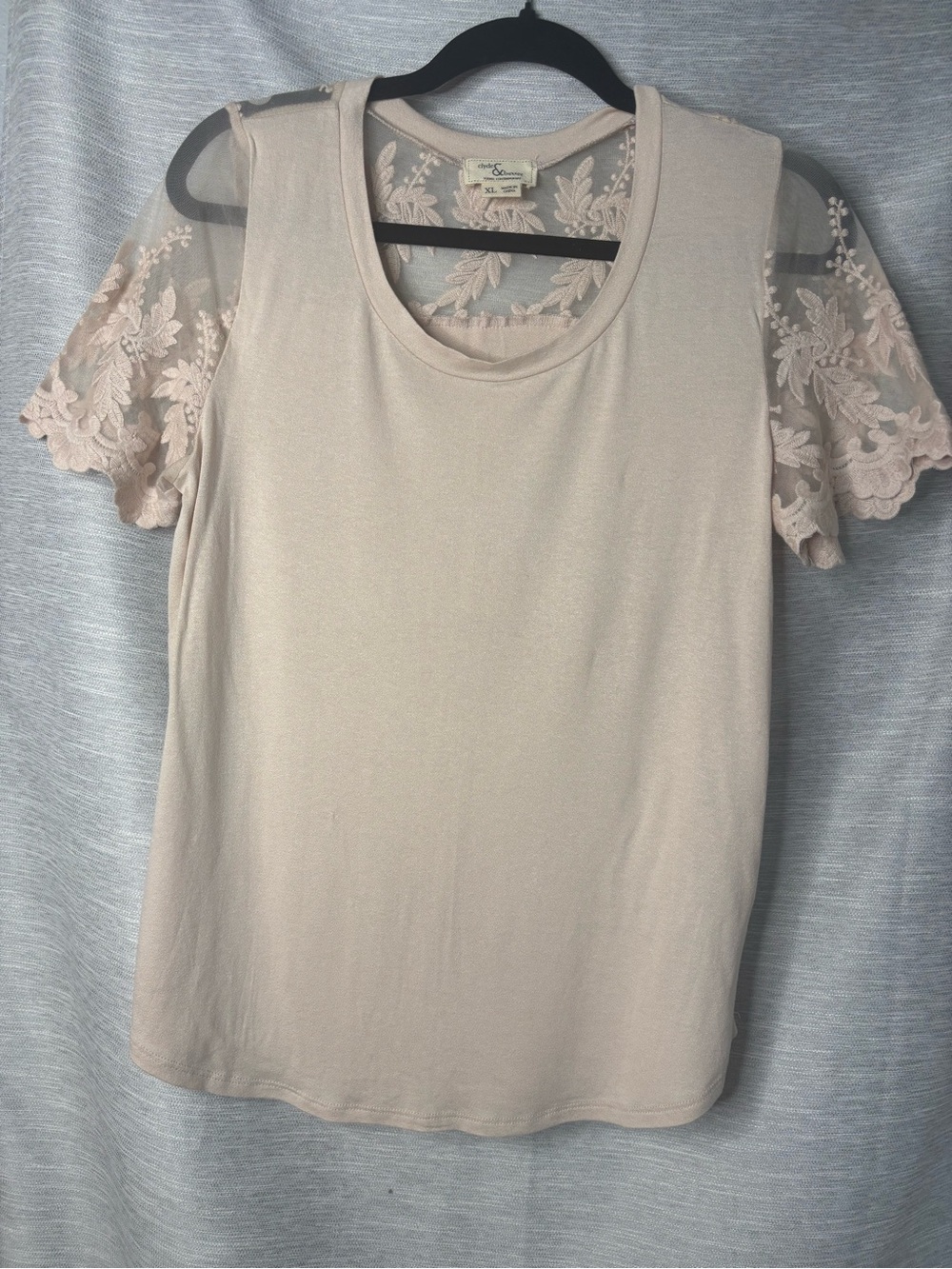 Embellished Lace Sleeve Scoop Neck Top - Blush